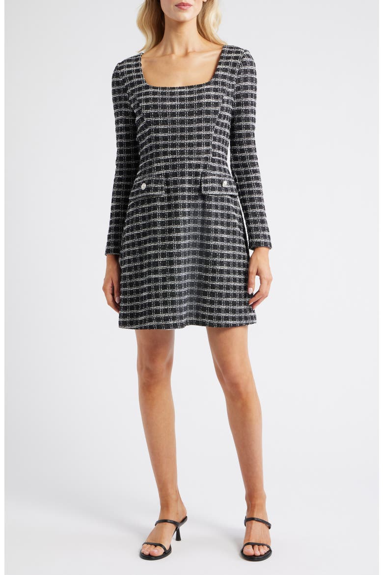Windowpane Plaid Long Sleeve Bouclé Dress, Main, color, BLACK MULTI