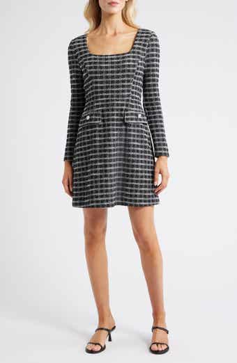 Windowpane Plaid Long Sleeve Bouclé Dress