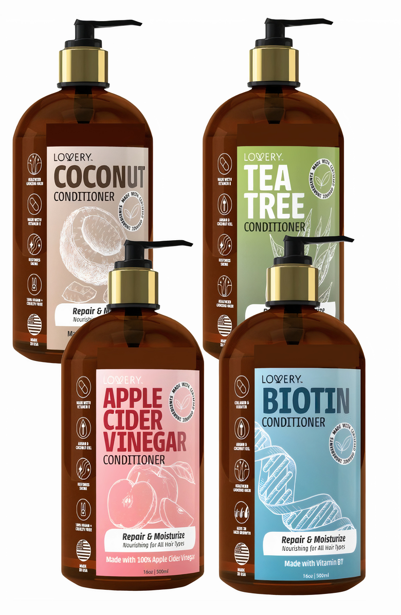 Lovery 4-Pack Conditioner Set Biotin, Coconut, Apple Cider Vinegar & Tea Tree, Main, color, NO COLOR