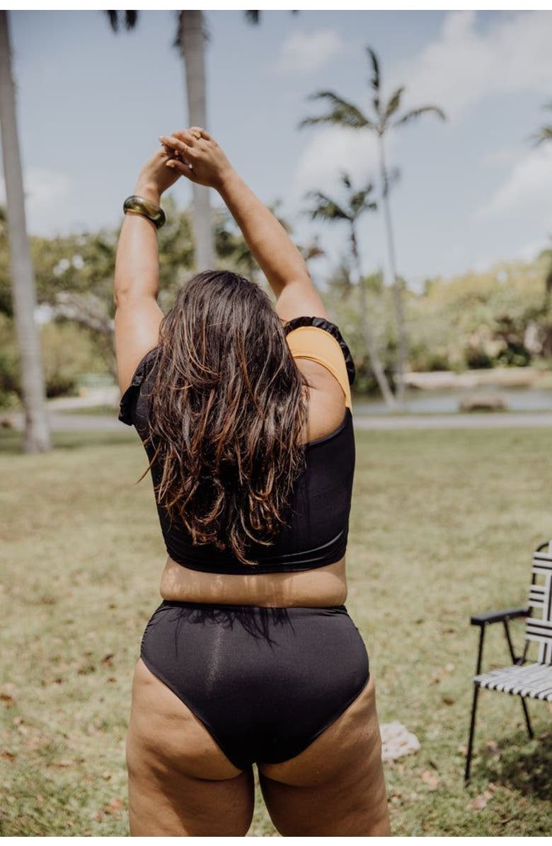 Mary Mercedes Cali Off-The-Shoulder Bikini Crop Top With Short Sleeves, Alternate, color, Black And Mustard Yellow