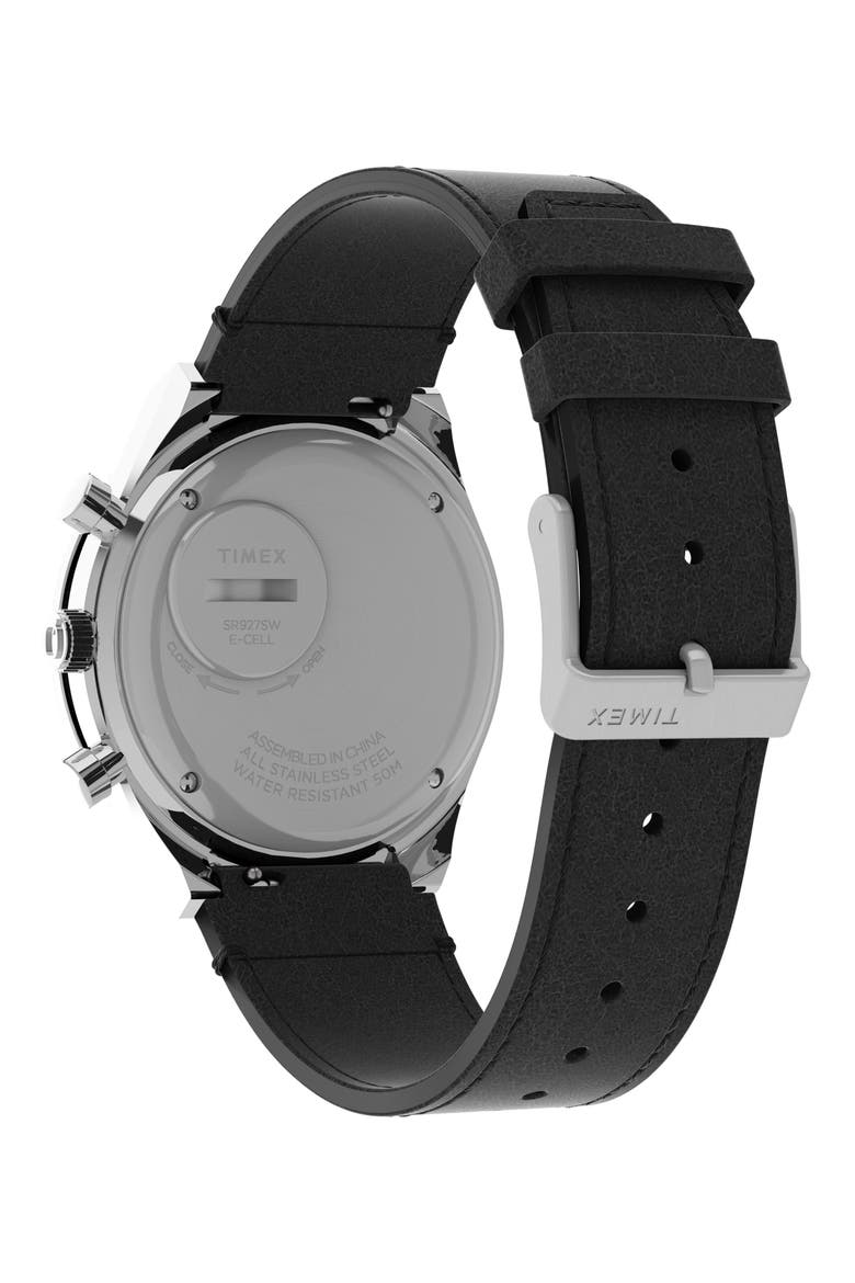 Q Timex Chronograph Leather Strap Watch, 40mm, Alternate, color, SILVER/ BLACK/ BLACK