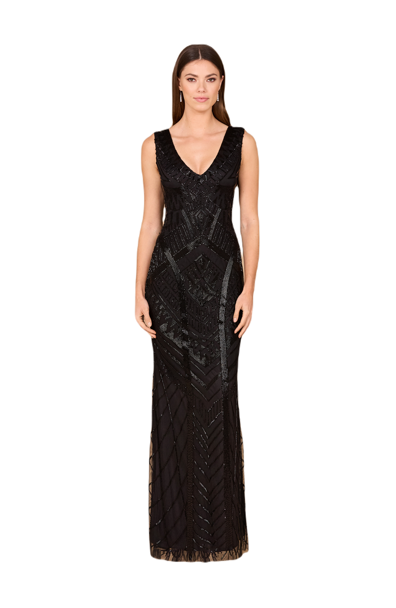 LARA New York Fitted Dress With Tonal Beading, Main, color, Black