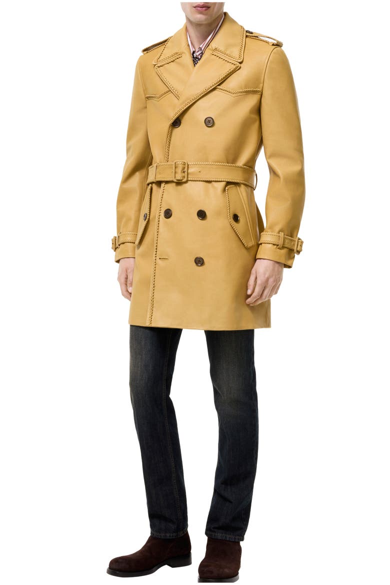Mid-length Leather Leverton Trench Coat, Main, color, Mustard yellow