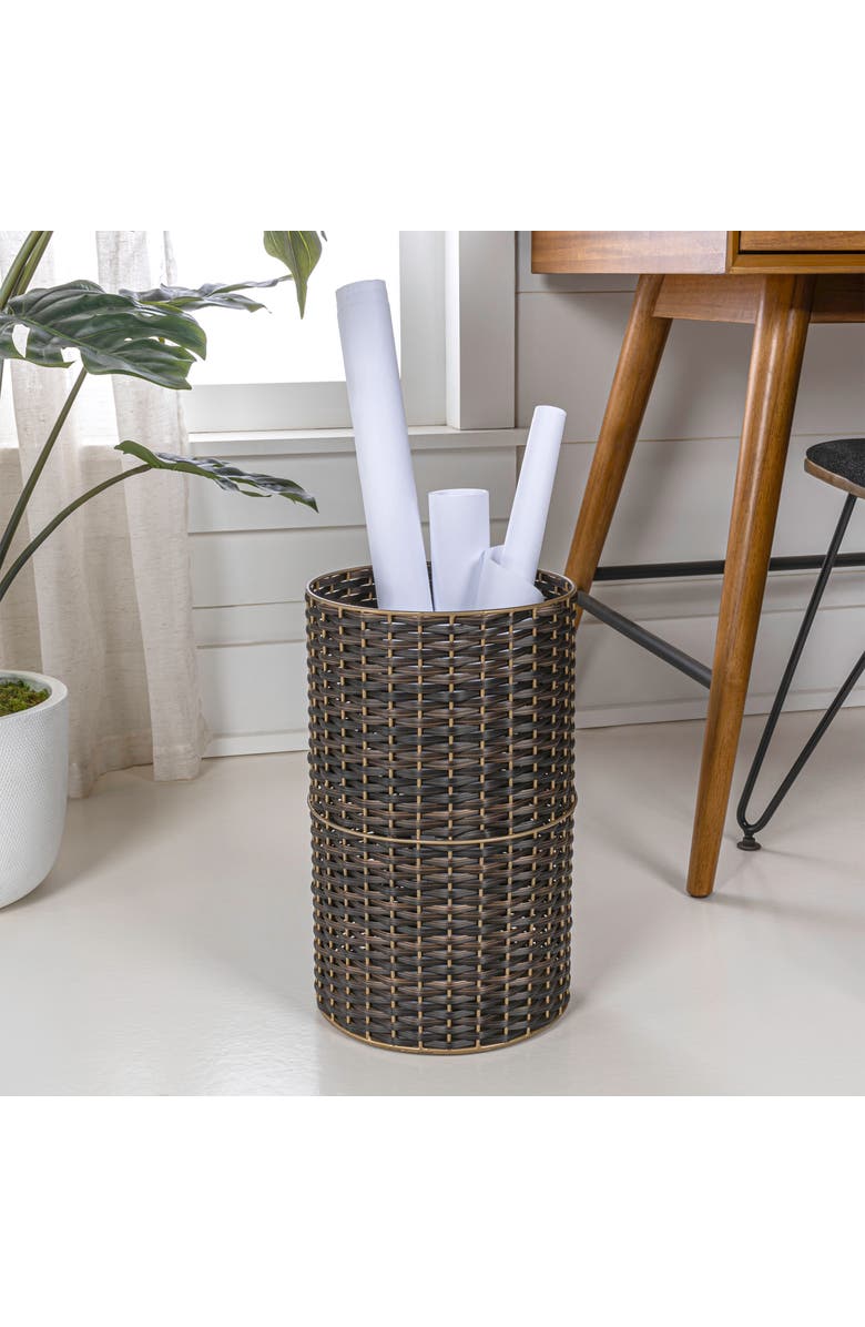 HAPPIMESS Cecil Modern Natural Wicker Cylinder Waste Basket, Alternate, color, Dark Bronze/Gold