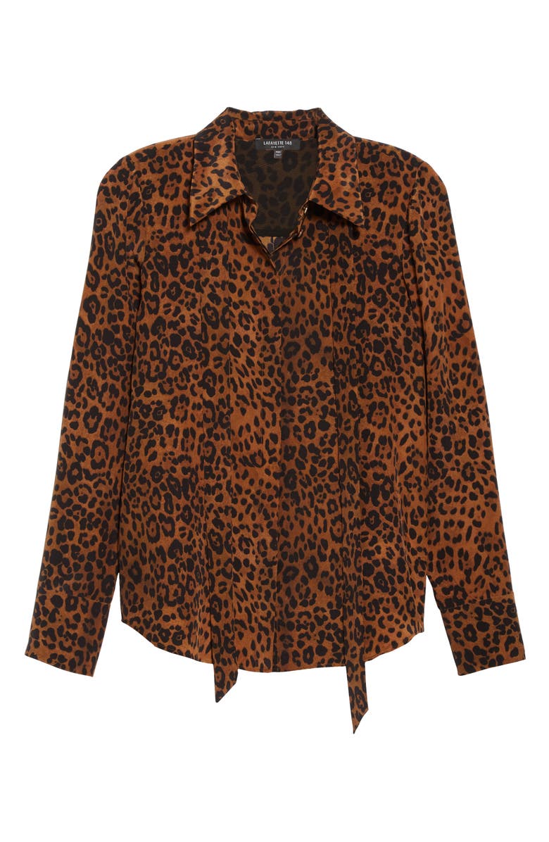 Lafayette 148 New York Diana Leopard Tie Neck Silk Blouse, Alternate, color,