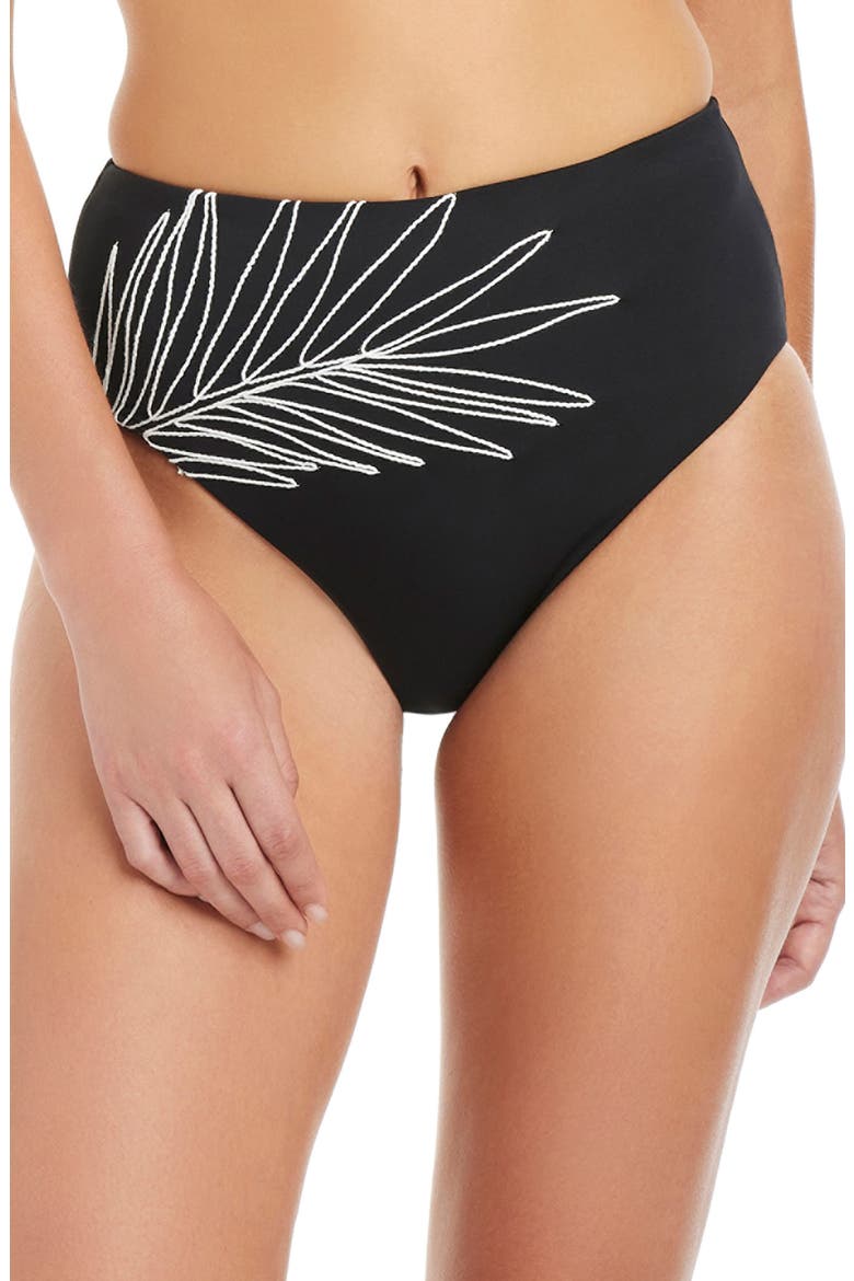 Embroidered High Waist Swim Bottoms, Main, color, BLACK