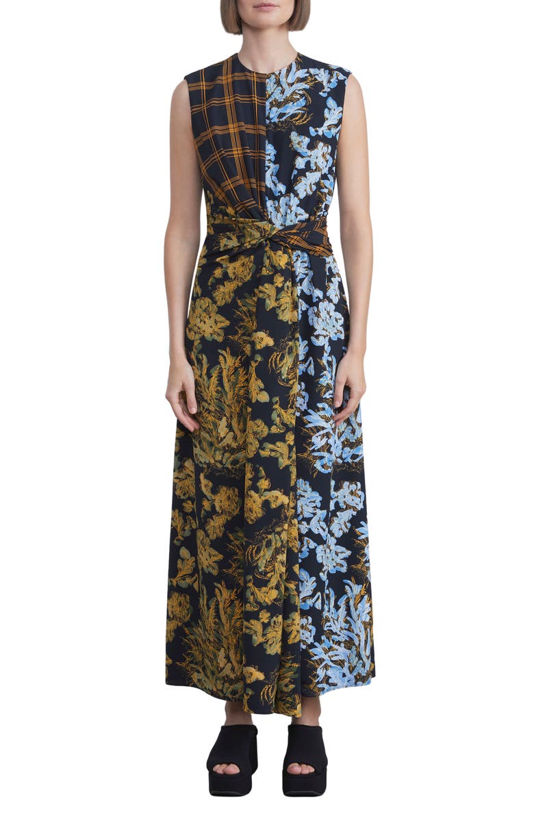 Lafayette 148 New York Mixed Print Twist Waist Sleeveless Midi Dress, Main, color,