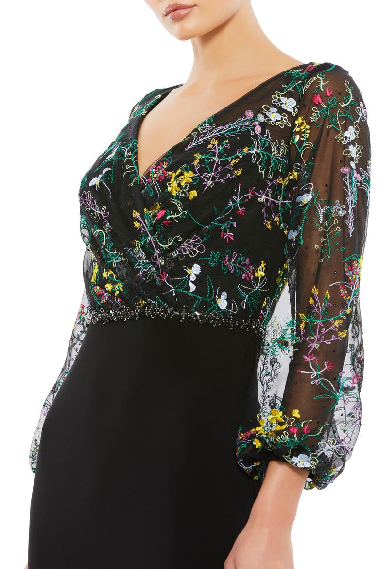 Embroidered Illusion Puff Sleeve Column Gown, Alternate, color, BLACK/ MULTI