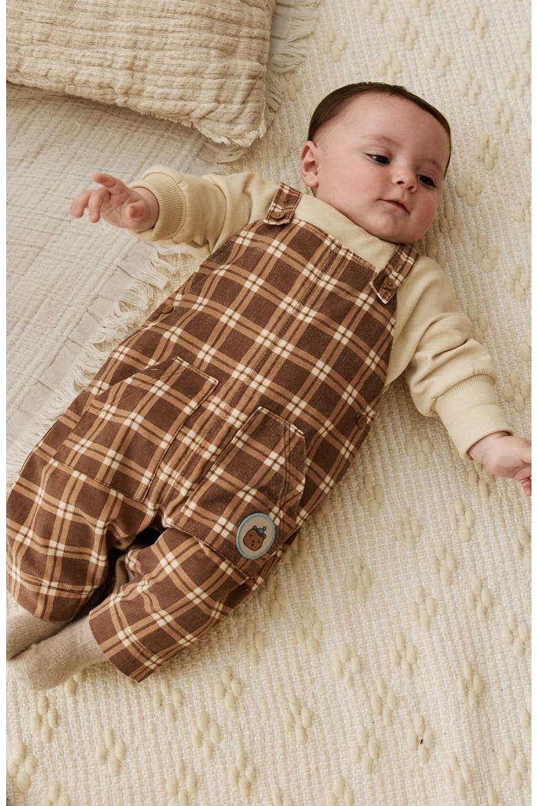 Check Cotton Sweatshirt Bodysuit & Overalls Set, Alternate, color, TAN