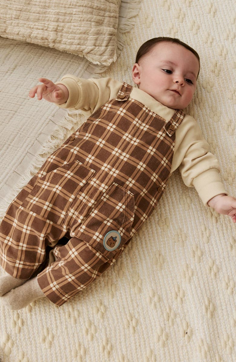 NEXT Check Cotton Sweatshirt Bodysuit & Overalls Set, Alternate, color, Tan
