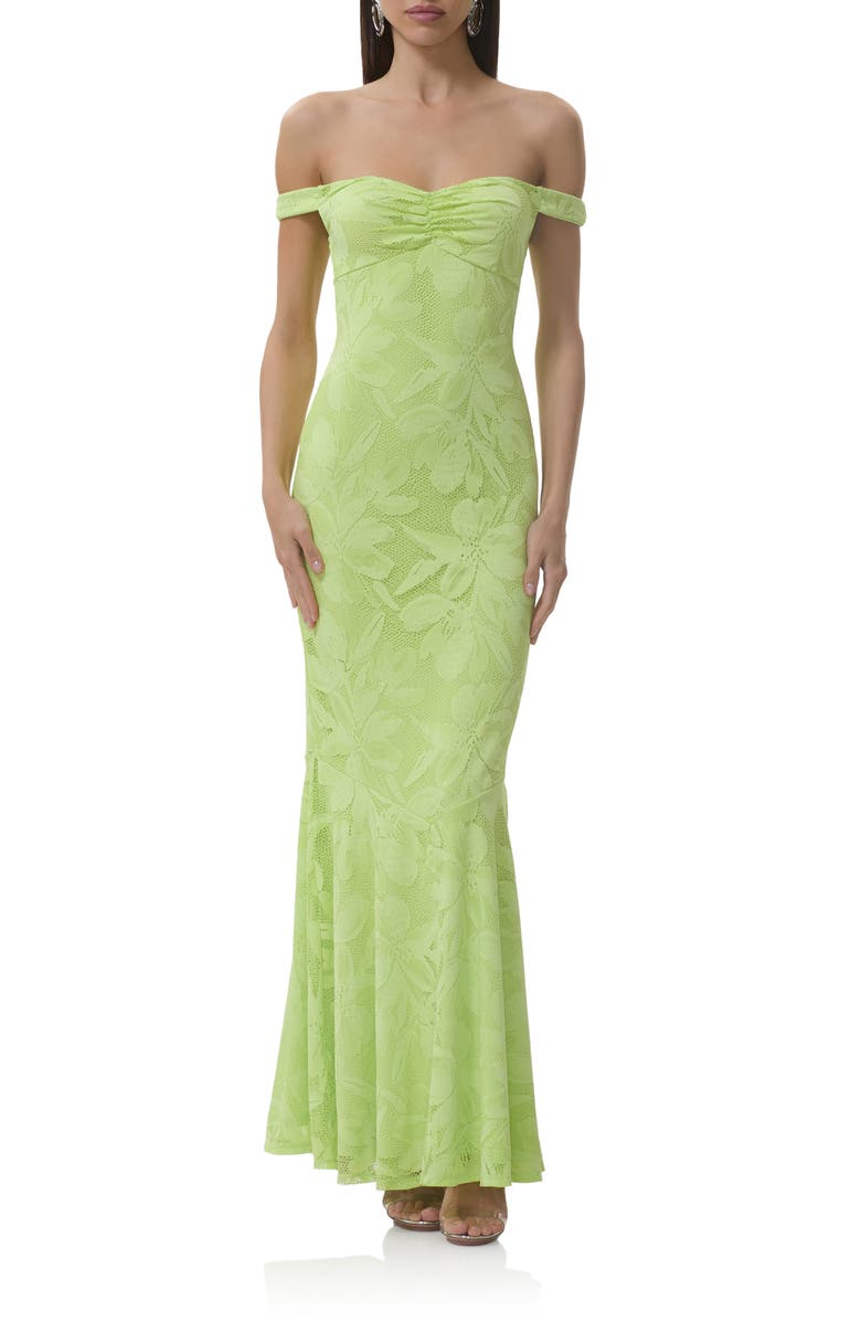 AFRM Morgan Floral Mesh Off the Shoulder Dress, Main, color, Lime Essence