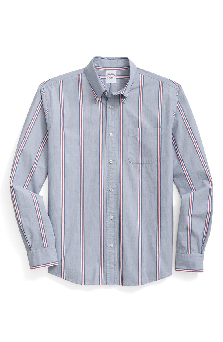 Brooks Brothers Friday Regular Fit Stripe Poplin Button-Down Shirt, Main, color, Navy