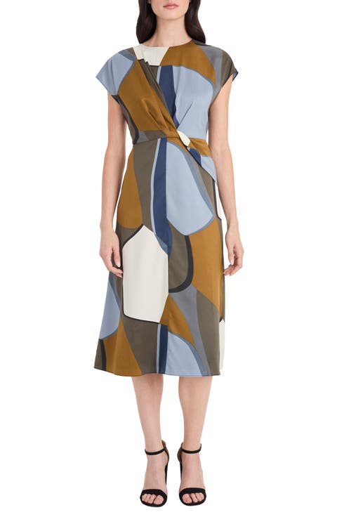 Abstract Print Twist Detail Midi Dress