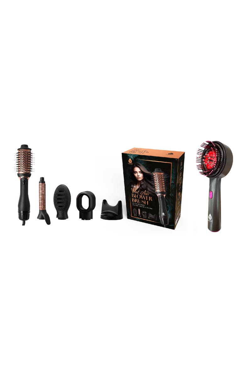 Hair Wellness Duo Hot Air Blower Brush & Pursonic 3-in-1 LED Therapy Scalp Brush, Main, color, Black