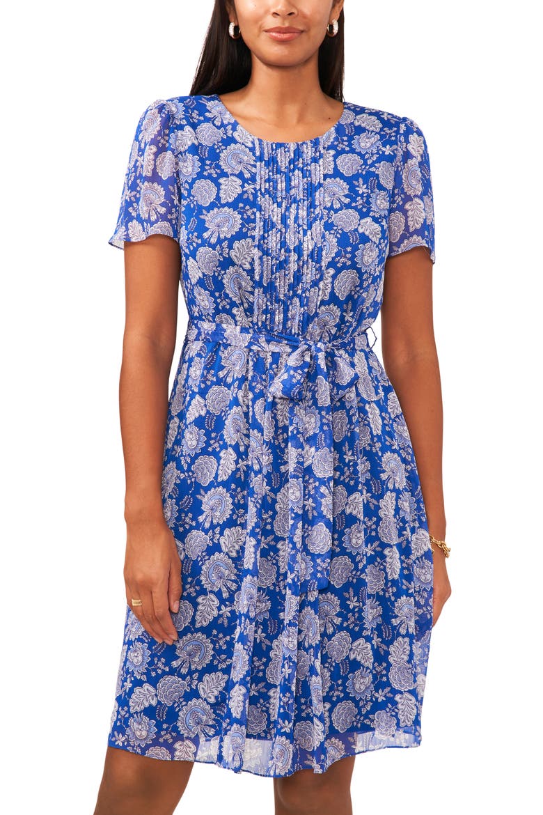 Belted Floral Pintuck Pleat Chiffon Dress, Alternate, color, ROYALBLUE