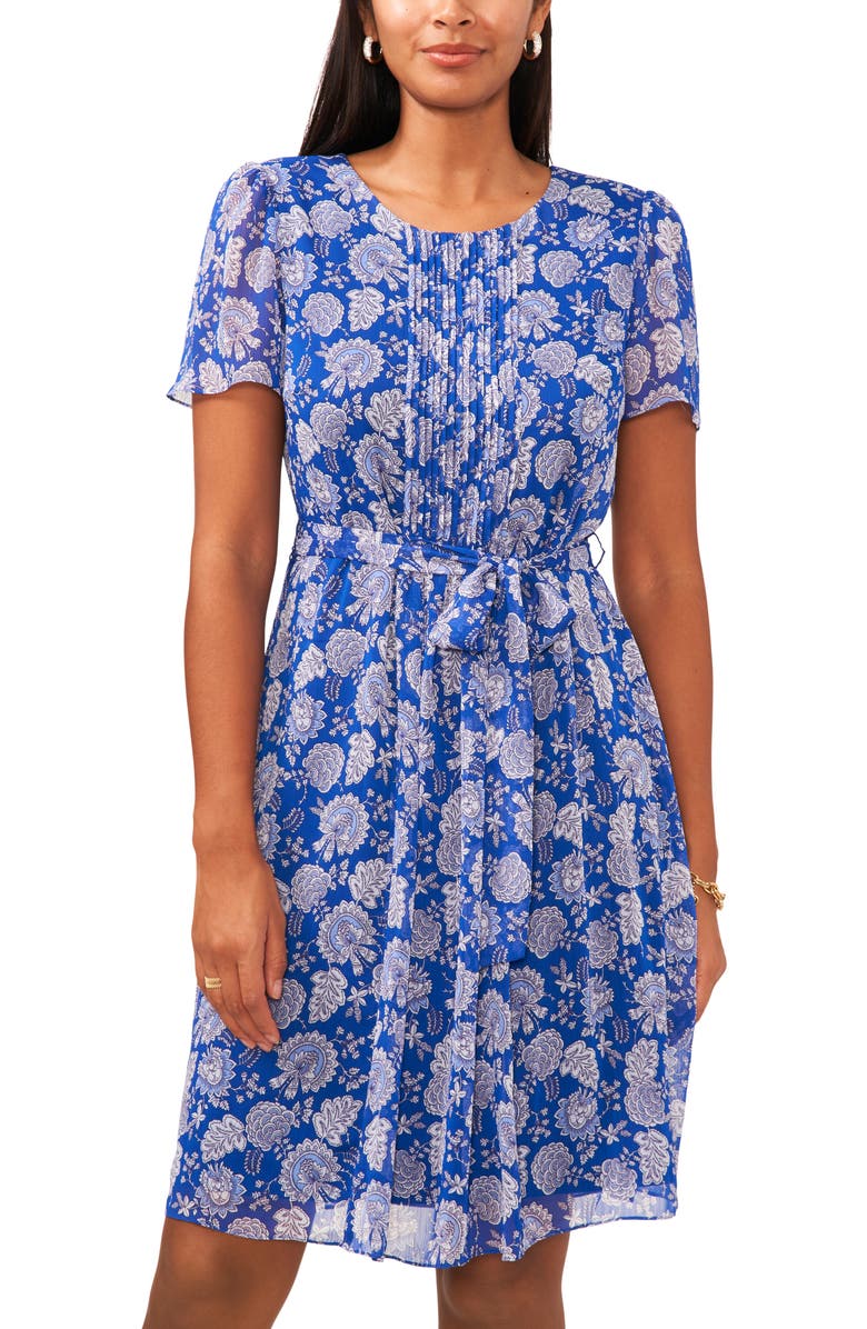 CeCe Belted Floral Pintuck Pleat Chiffon Dress, Alternate, color, Royalblue
