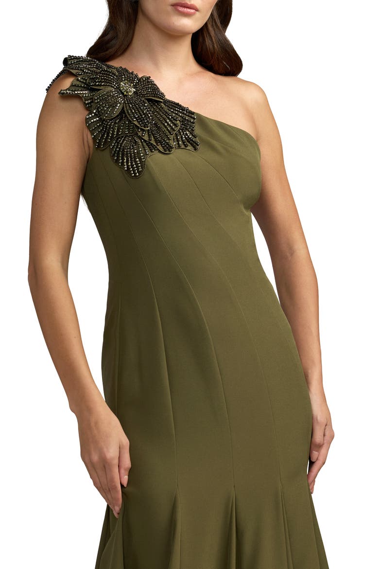 Petite Crepe One Shoulder Flower Detail Gown, Alternate, color, Olive