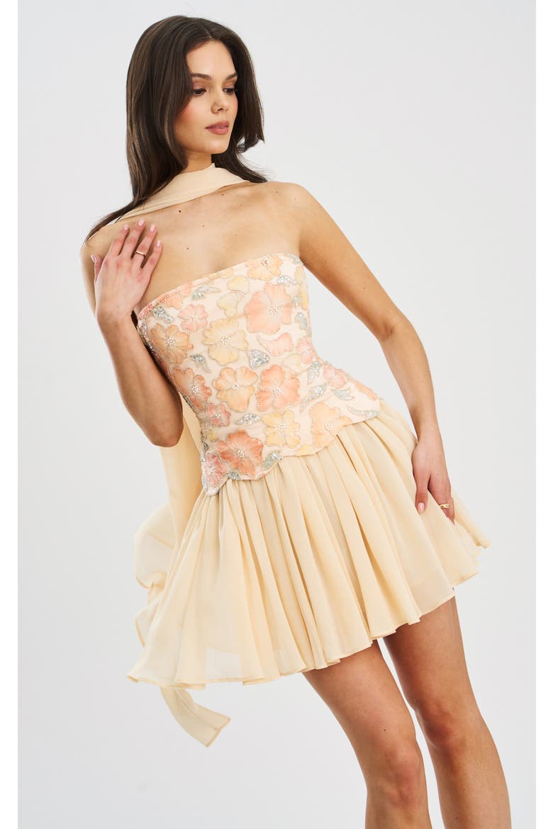 Quanisha Beaded Floral Mini Chiffon Dress with Scarf, Main, color, Yellow