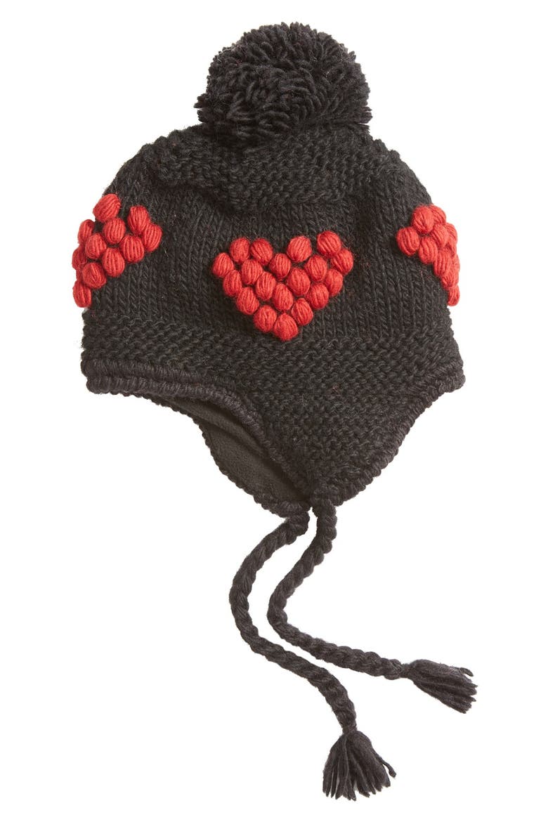 Bobble Stitch Heart Earflap Hat, Main, color, BLACK/ RED