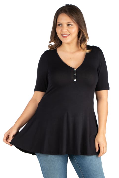 Plus Size Elbow Sleeve Henley  Tunic Top