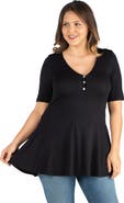 24seven Comfort Apparel Plus Size Elbow Sleeve Henley  Tunic Top