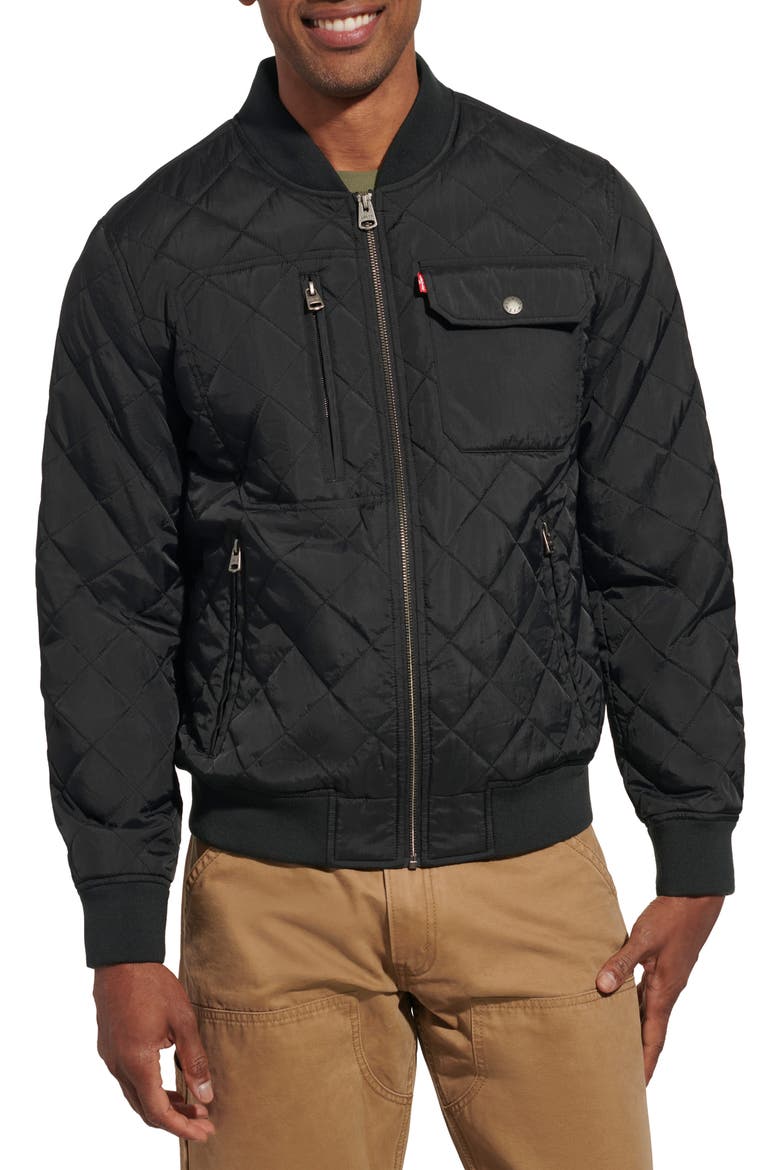 Quilted Nylon Bomber Jacket, Main, color, BLACK