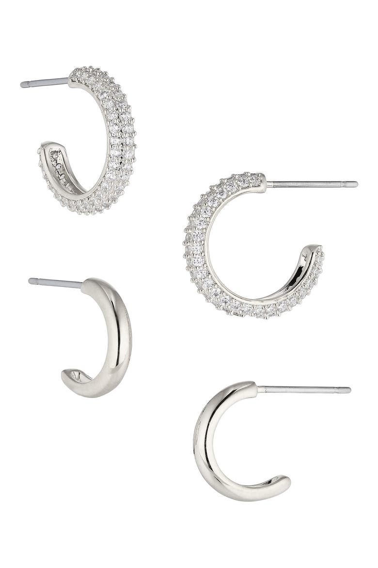 Pavé the Way Hoop Earrings Set, Main, color, RHODIUM