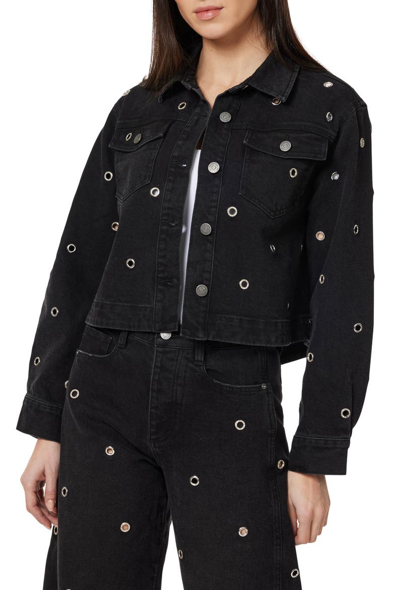 Grommet Embellished Denim Trucker Jacket, Main, color, WASHED BLACK