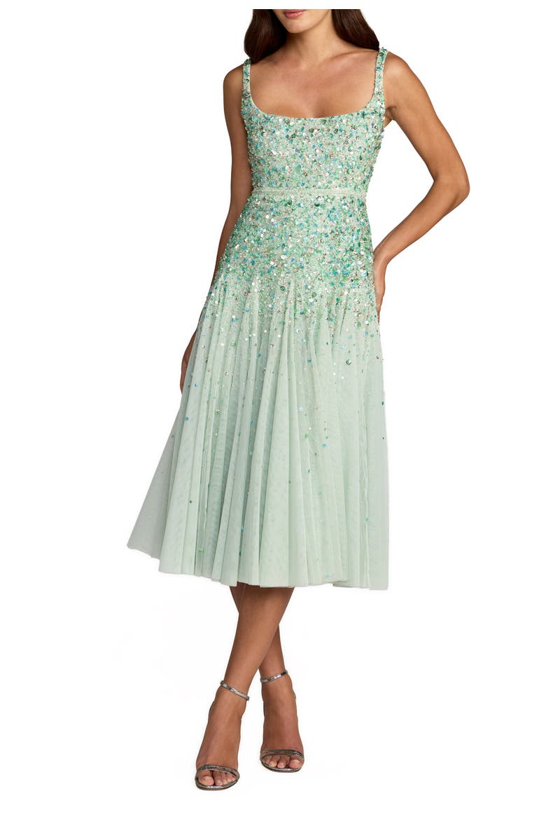 Mac Duggal Beaded Mesh Square Neck Sleeveless Midi Dress, Main, color, Seafoam Multi