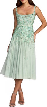 Mac Duggal Beaded Mesh Square Neck Sleeveless Midi Dress