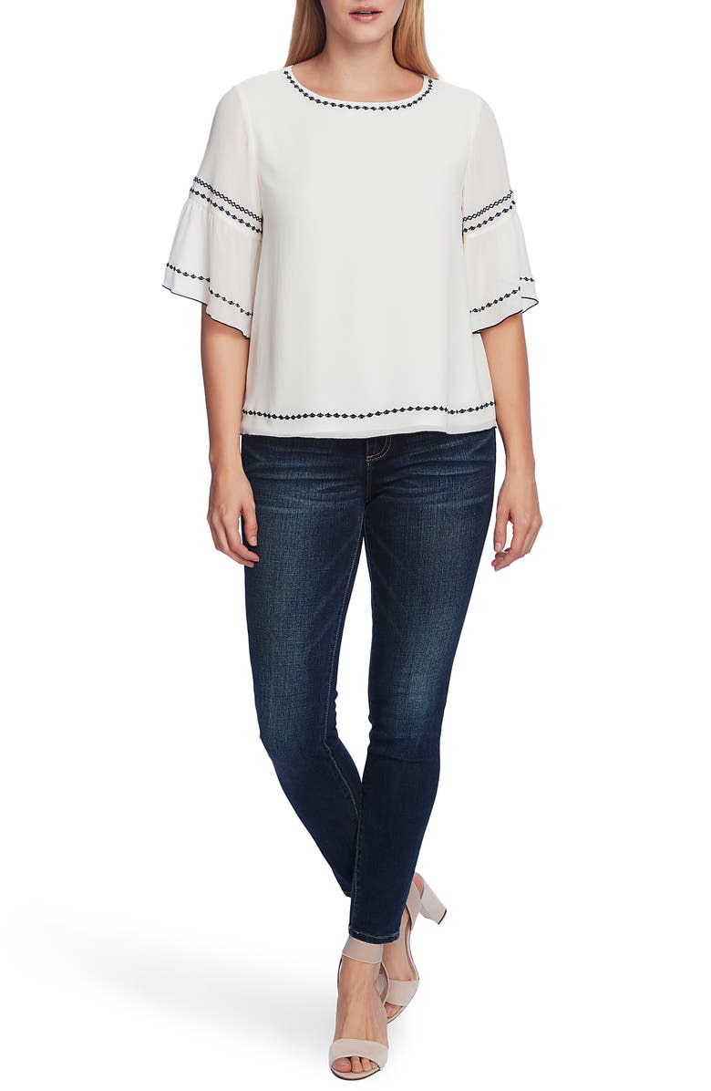Vince Camuto Embroidered Bell Sleeve Chiffon Blouse, Alternate, color,