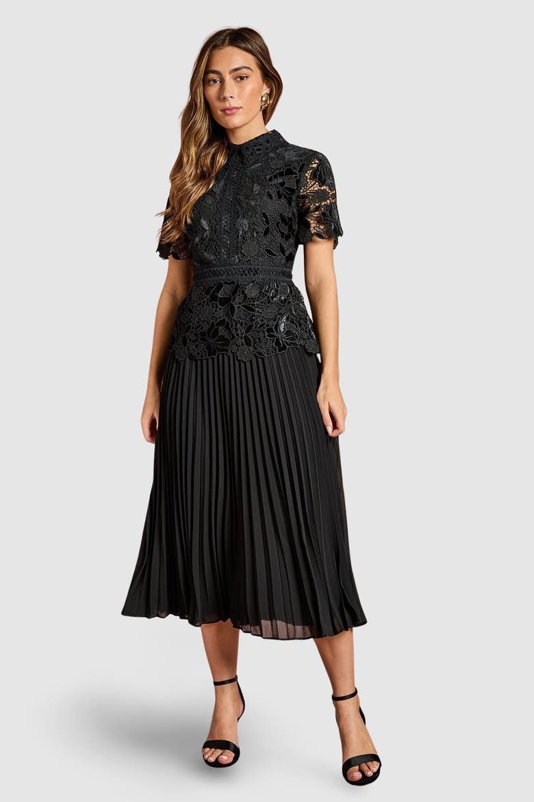 Velvet Lace Collared Midi Dress, Main, color, Black