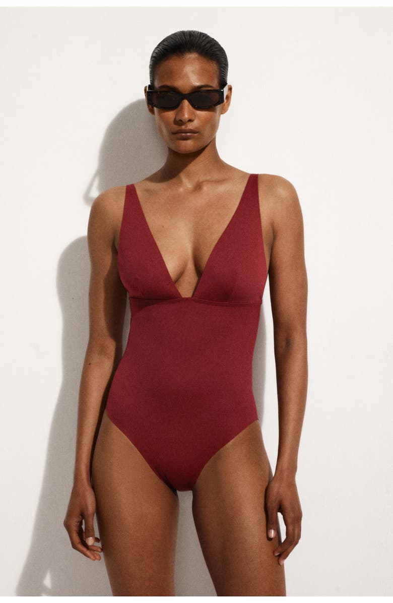COS Bonded Scuba Knit V-Neck Swimsuit, Main, color, Dark Red
