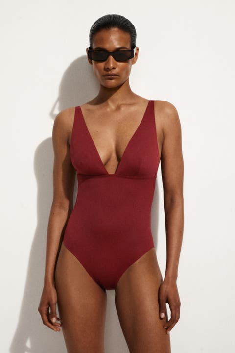 Bonded Scuba Knit V-Neck Swimsuit