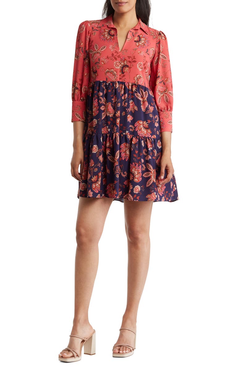 Vince Camuto Colorblock Long Sleeve Tiered Shirtdress, Main, color, Rose