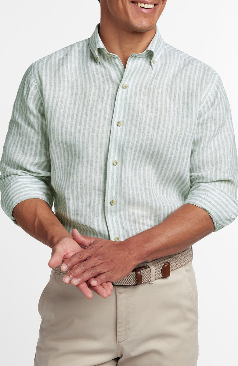 David Donahue Linen Stripe Sport Shirt, Alternate, color, Sage