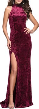 La Femme Long Crushed Velvet Prom Dress with Beaded Choker