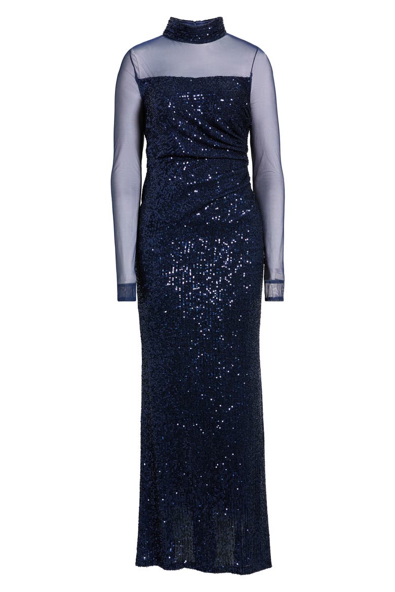 Long Sleeve Mock Neck Sequin Gown, Main, color, NAVY