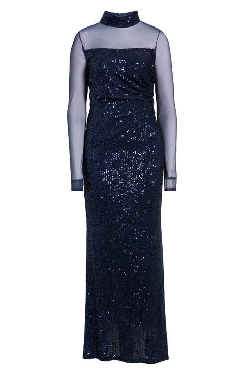 Long Sleeve Mock Neck Sequin Gown