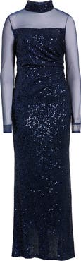 Eliza J Long Sleeve Mock Neck Sequin Gown