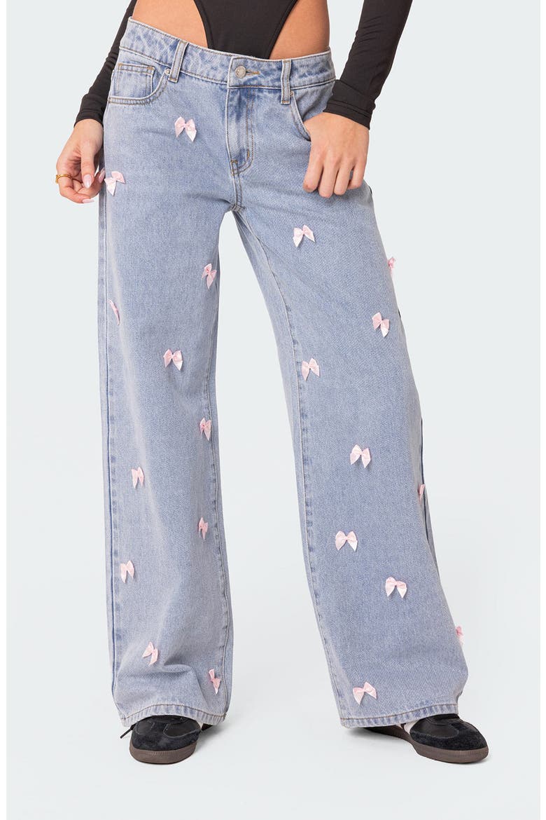 Lucille Satin Bow Wide Leg Jeans, Main, color, LIGHT-BLUE