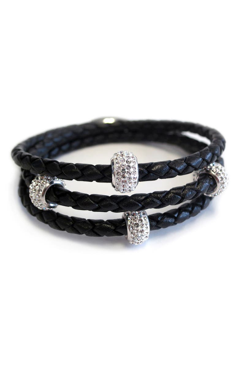 Liza Schwartz Bedazzle Braided Leather Pavé CZ Sterling Silver Bead Triple Wrap Bracelet, Main, color,