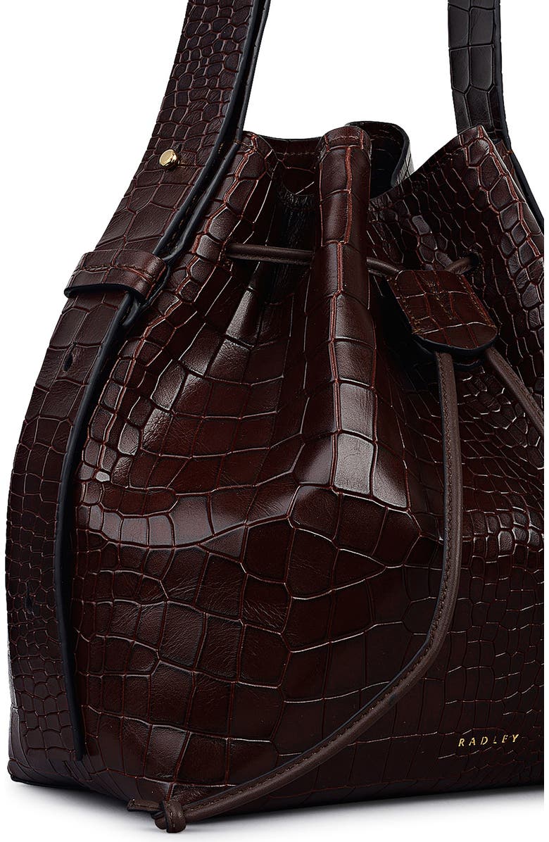Radley Water Resistant Croc Embossed Faux Leather Bucket Bag, Alternate, color, Dark Oak