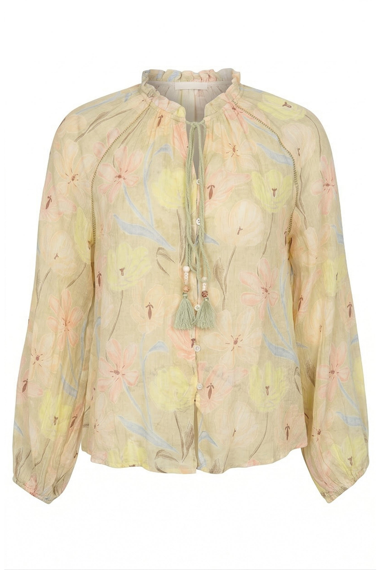 Floral Print Blouse with Tassel Tie Neck and Long Sleeve, Alternate, color, Beige Floral
