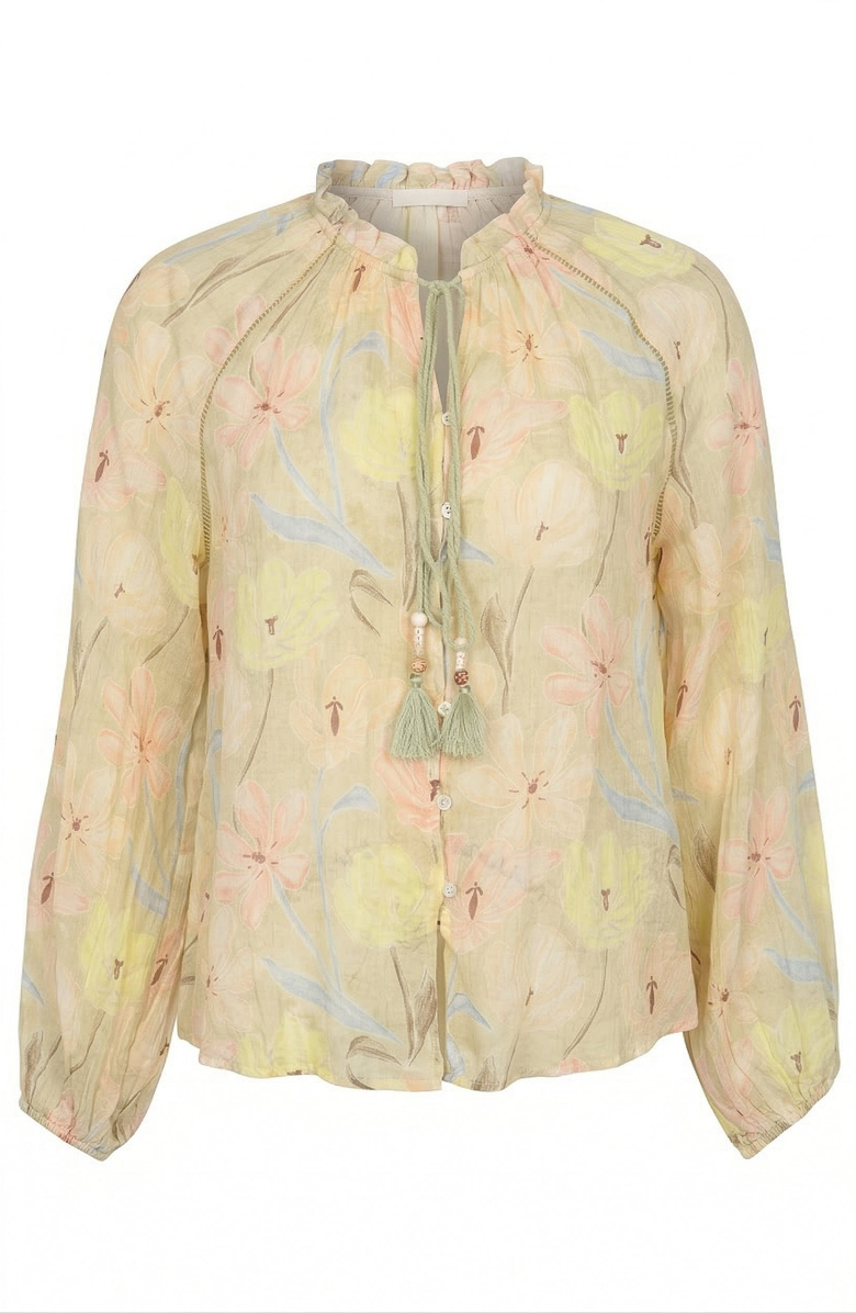 Modenaire Floral Print Blouse with Tassel Tie Neck and Long Sleeve, Alternate, color, Beige Floral