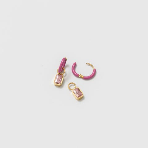 Pink Emerald Cut Charm & Pink Enamel Hoop Earring Set
