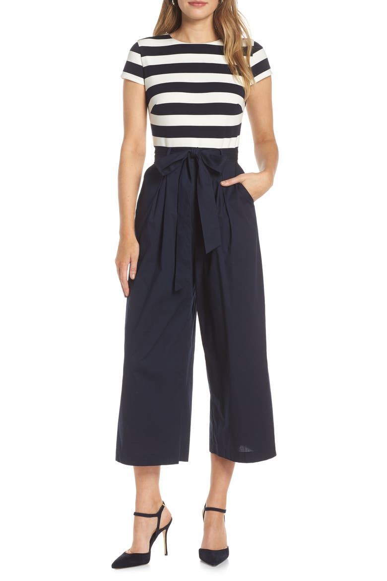 Stripe Ponte Crop Jumpsuit, Main, color, BLUE WHITE STRIPE