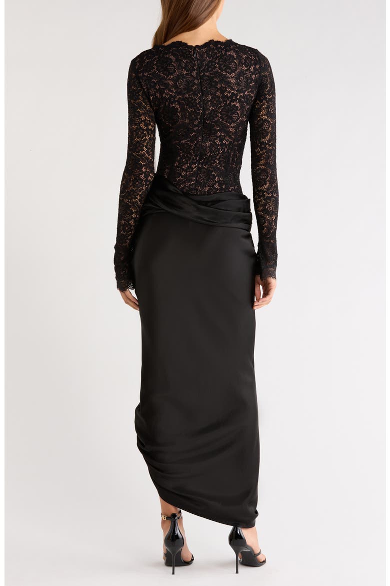 Yasmeen Long Sleeve Lace Bodysuit & Satin Skirt Set, Alternate, color, BLACK