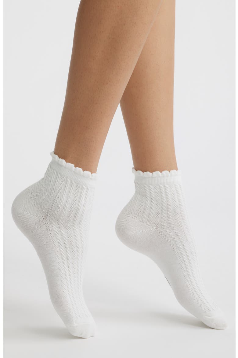 Scallop Cuff Cotton Blend Pointelle Quarter Socks, Main, color, IVORY