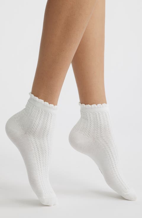 Scallop Cuff Cotton Blend Pointelle Quarter Socks